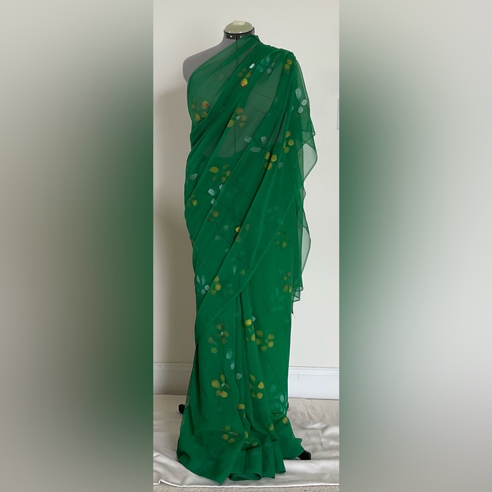 Vintage American chiffon georgette hand painted green saree